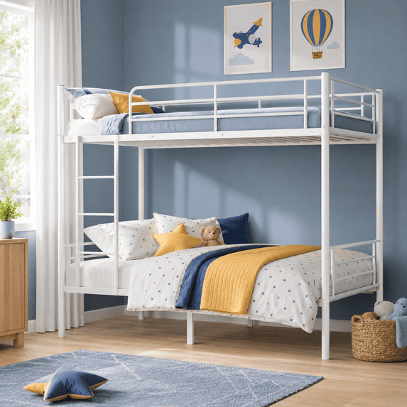 Ktaxon Twin Over Twin Metal Bunk Bed with Ladder, 13-Inch Guardrails, No Box Spring Needed, Space-Saving, White