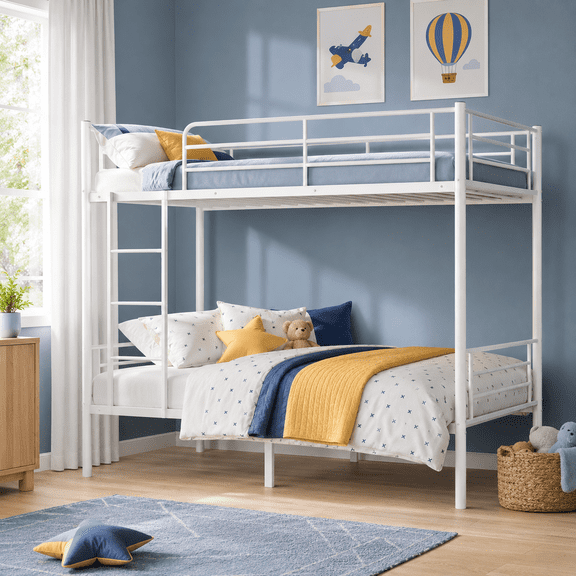 Ktaxon Twin Over Twin Metal Bunk Bed with Ladder, 13-Inch Guardrails, No Box Spring Needed, Space-Saving, White