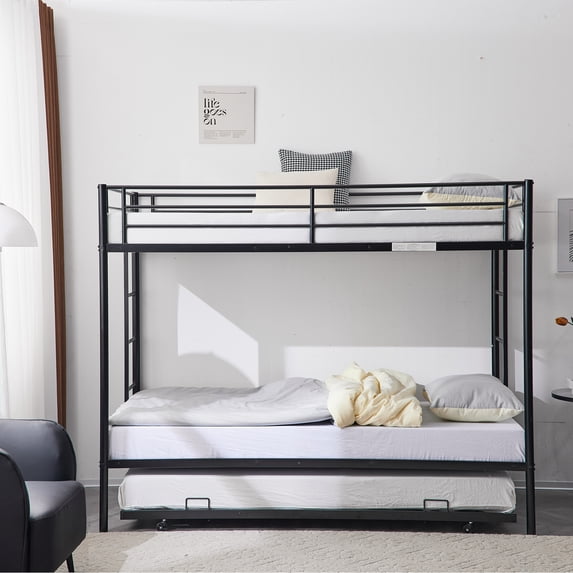 Ktaxon Twin Over Twin Metal Bunk Bed with Trundle, Dual Ladders and Guardrails, No Box Spring Needed, Black