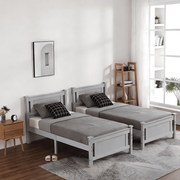 Ktaxon Twin Set of 2 Bed Frame,Solid Pine Wood Twin Platform Bed Frame, Bedroom Twin Bed with Headboard for Adults, Gray, 75.04"L*38.98"W*37.8"H