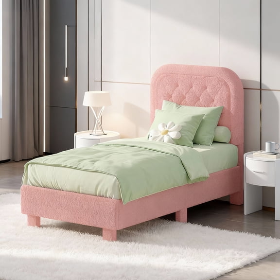 Ktaxon Twin Size Bed Frame, Upholstered Platform Bed, High Wooden Slat Support, Pink