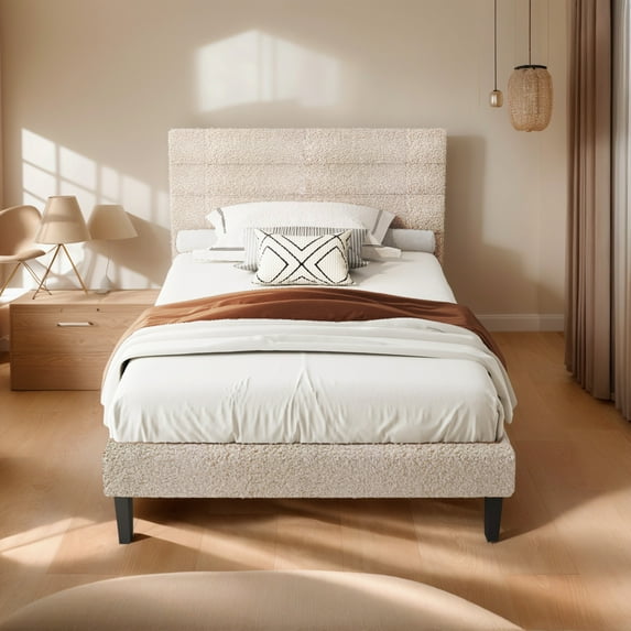 Ktaxon Twin Size Bed Frame with Boucle Upholstered Headboard, Platform Bed with Wooden Slats Support, Beige