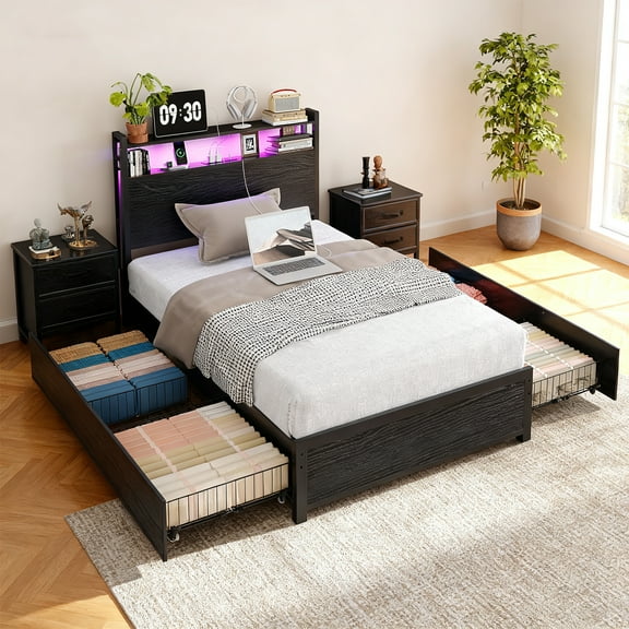 Ktaxon Twin Size Bed Frame with Charging Station & LED Storage Headboard, Metal Platform Bed Frame with 4 Underbed Drawers for bedroom, Black