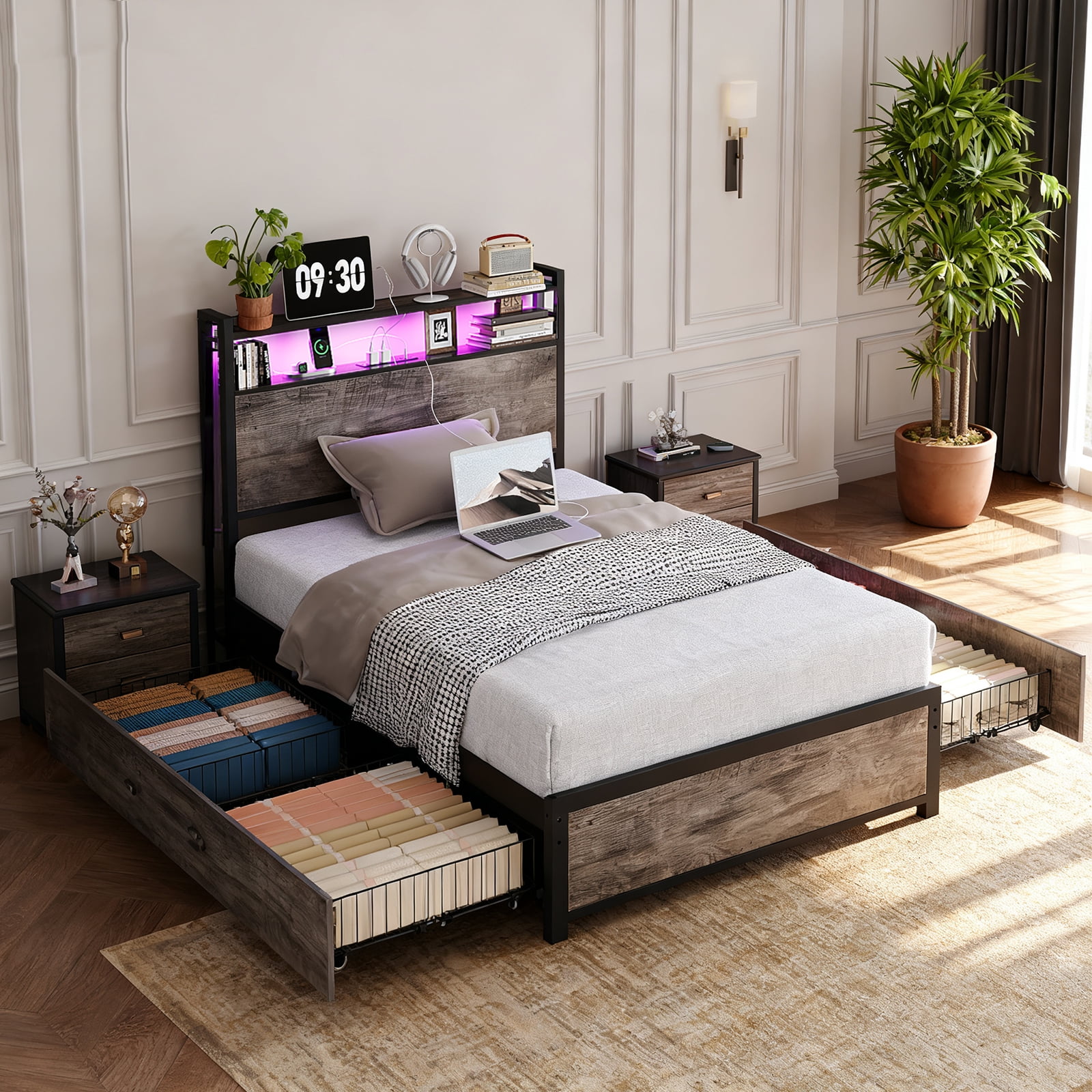 Ktaxon Twin Size Bed Frame with Charging Station & LED Storage Headboard, Metal Platform Bed Frame with 4 Underbed Drawers for bedroom, Gray