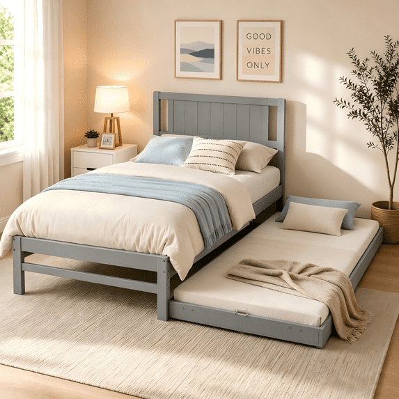 Ktaxon Twin Size Bed Frame with Headboard, Sturdy Extendable Platform Daybed with Bed Base & Slide-out Trundle, Box Spring Free Design, Gray