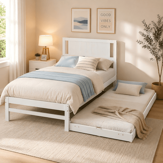 Ktaxon Twin Size Bed Frame with Headboard, Sturdy Extendable Platform Daybed with Bed Base & Slide-out Trundle, Box Spring Free Design, White