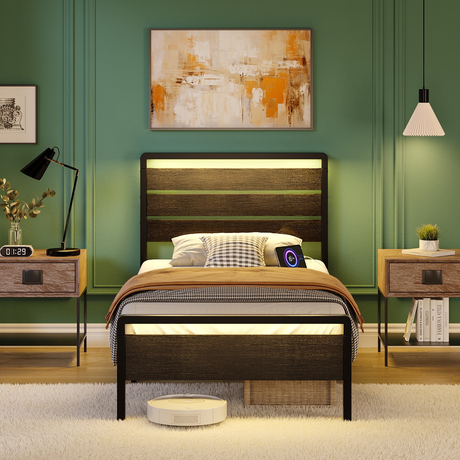 Ktaxon Twin Size Bed Frame with LED Headboard & Footboard, Metal Platform Bed with Charging Station, Black