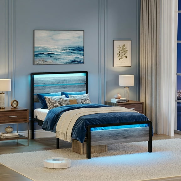 Ktaxon Twin Size Bed Frame with LED Headboard & Footboard, Metal Platform Bed with Charging Station, Gray