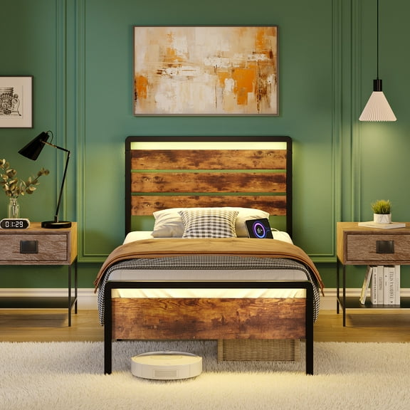 Ktaxon Twin Size Bed Frame with LED Headboard & Footboard, Metal Platform Bed with Charging Station, Rustic Brown