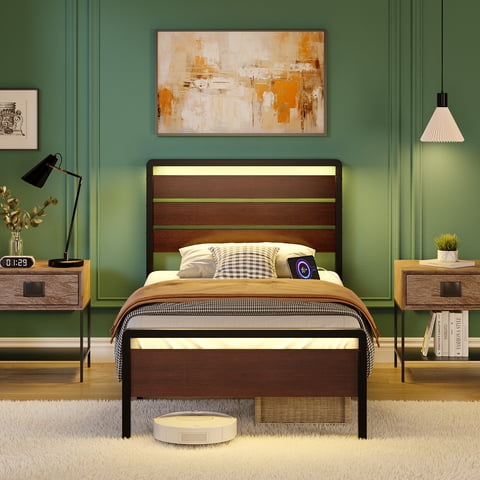 Ktaxon Twin Size Bed Frame with LED Headboard & Footboard, Metal Platform Bed with Charging Station, Rustic Red Brown