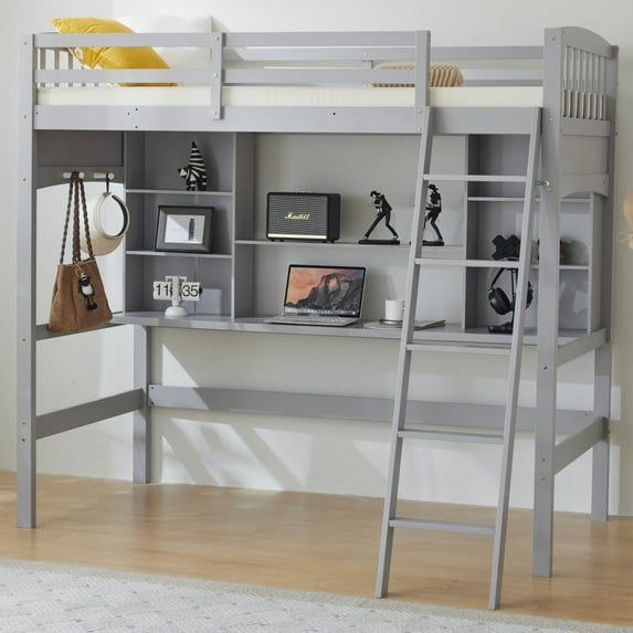 Ktaxon Twin Size Loft Bed with Desk, Wooden Loft Bed with Shelves, Ladder, for Kids Teens Adults (Gray)