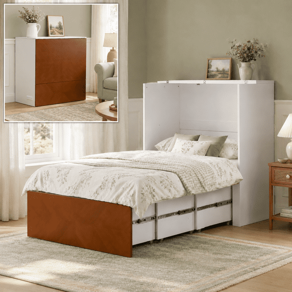 Ktaxon Twin Size Murphy Bed, 2-in-1 Foldable Cabinet with LED Lights, Charging Station and Storage Drawer, White