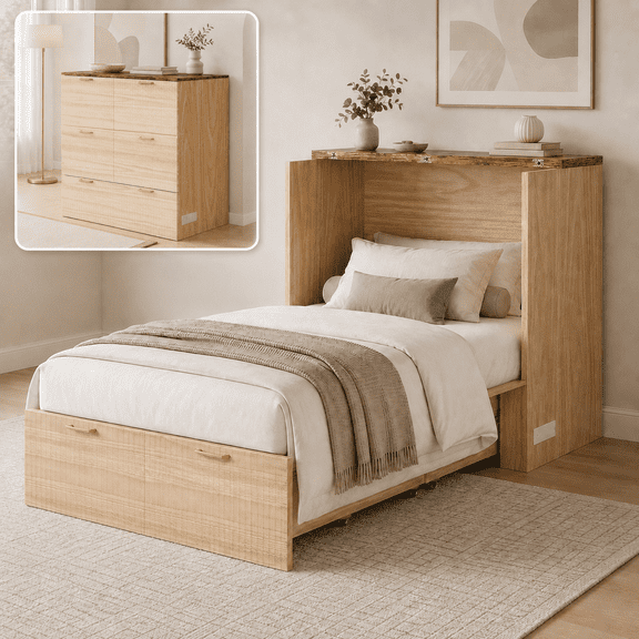 Ktaxon Twin Size Murphy Bed, Wood Wall Bed with Power Outlet, Space-Saving Foldable Bed Frame, Beige Wood Grain