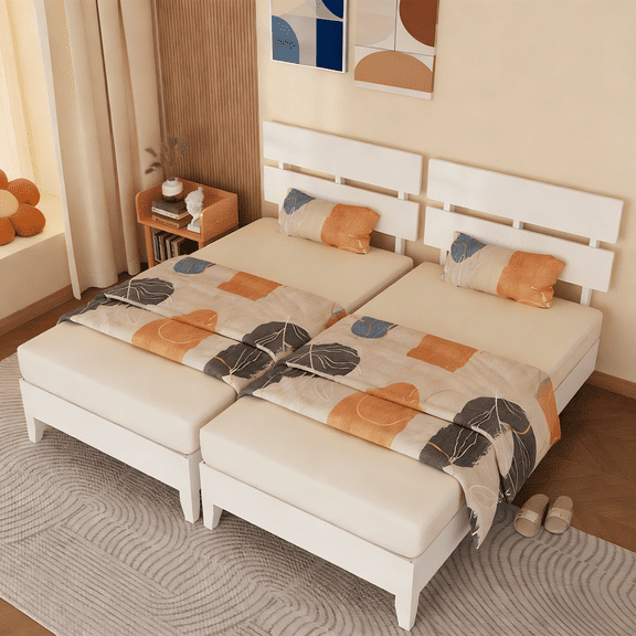 Ktaxon Twin Size Set of 2 Bed Frame with Double Slat HeadboardSolid Wooden Platform Bed, No Box Spring Needed, Easy Assembly, White