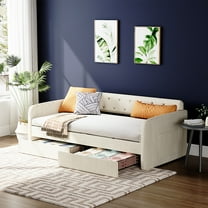 Ktaxon Twin Size Upholstered Daybed, Wooden Sofa Bed with 2 Drawers & Button Tufted Backrest, Light beige