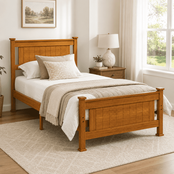 Ktaxon Twin Wood Platform Bed Frame with Headboard, Teen Bed, Brown