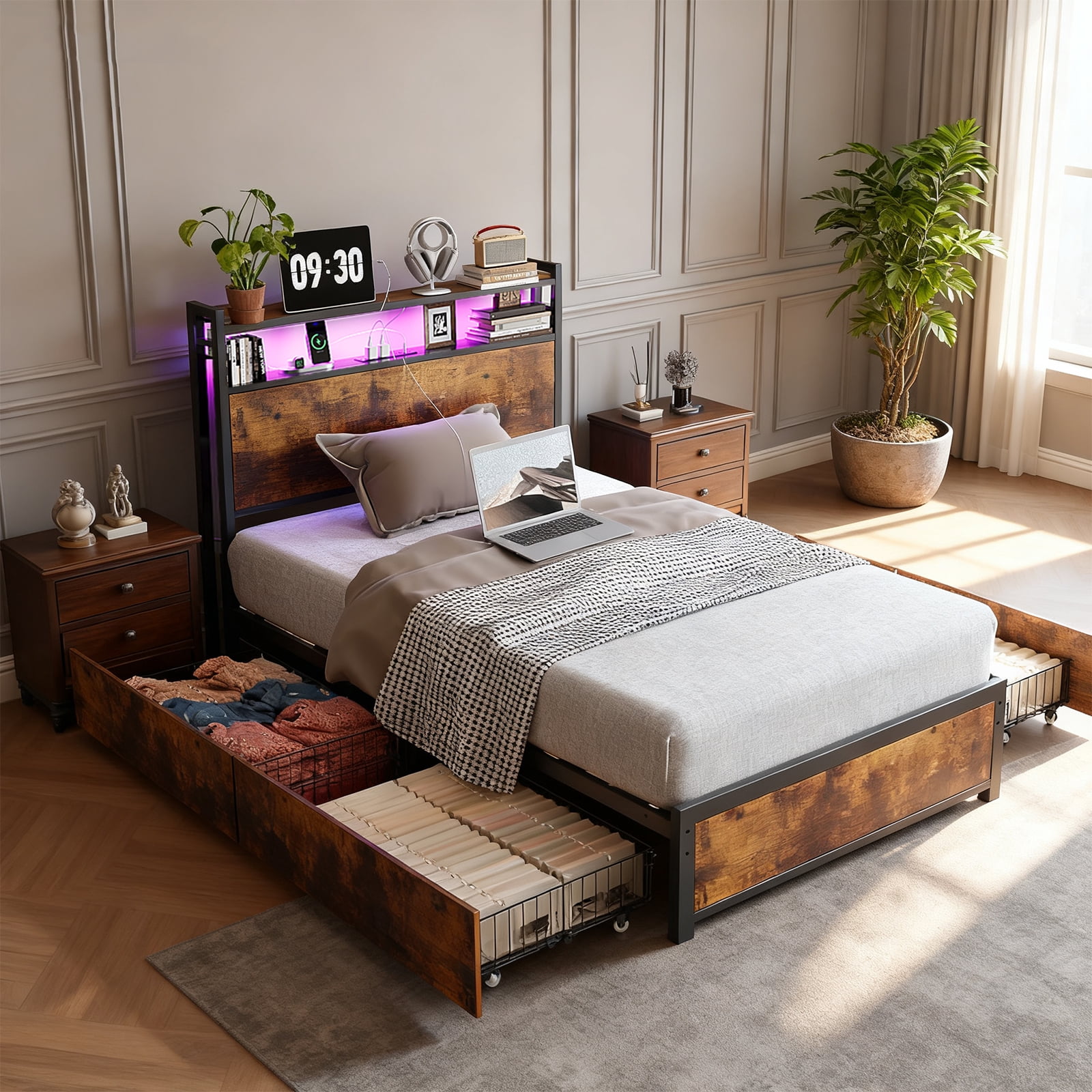 Ktaxon Twin XL Size Bed Frame with Charging Station & LED Storage ...