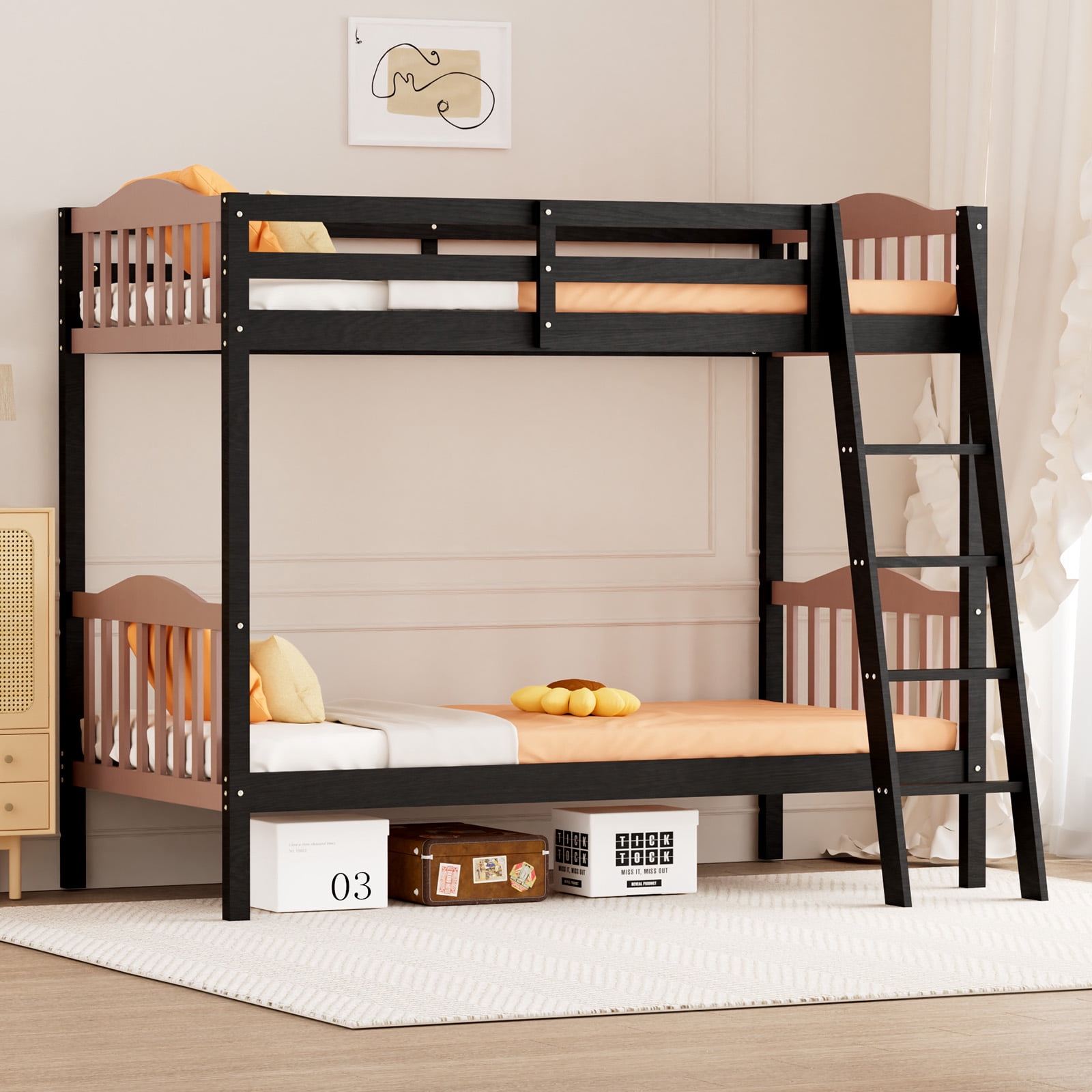 Ktaxon Twin over Twin Bunk Bed, Solid Wood Bed Frame with Guardrails ...