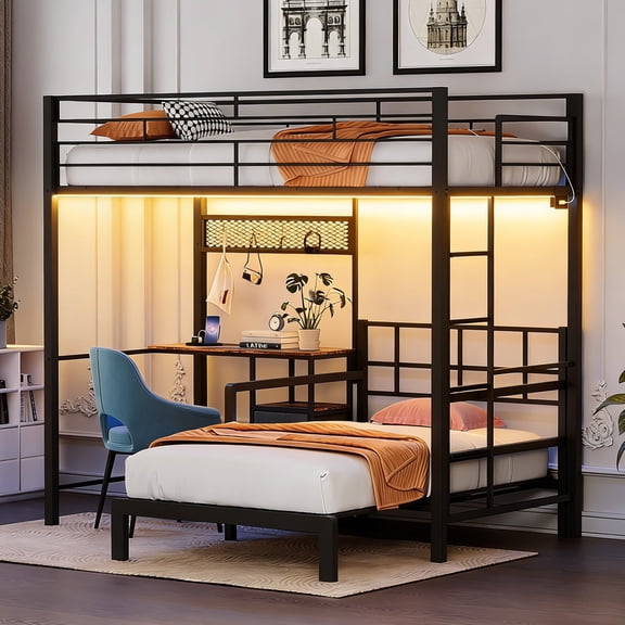 Ktaxon Twin over Twin Bunk Bed with Desk and Stoarge Drawers, Metal Loft Bed Frame, Black