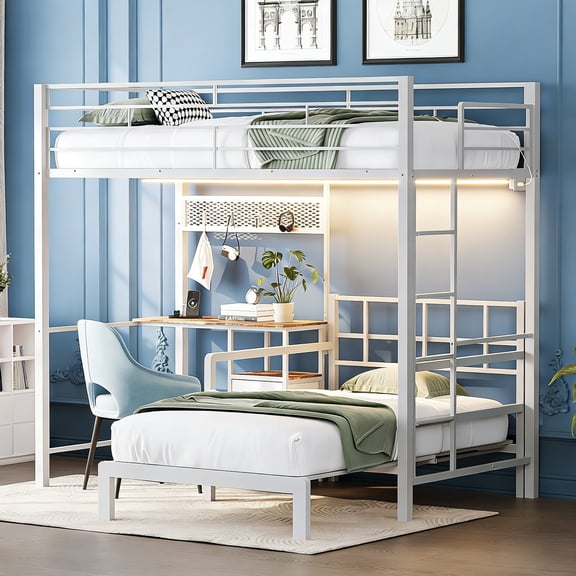 Ktaxon Twin over Twin Bunk Bed with Desk and Stoarge Drawers, Metal Loft Bed Frame, White