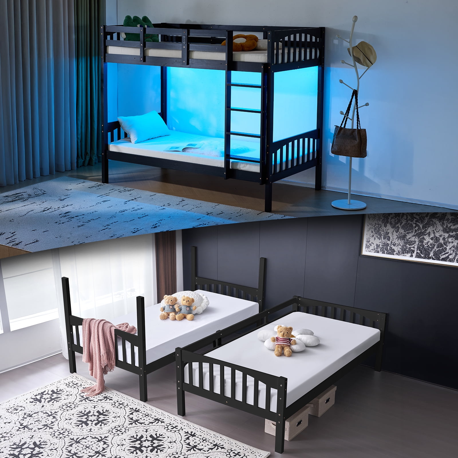 Ktaxon Twin-over-Twin Convertible Bunk Bed, Wood Bed Frame with