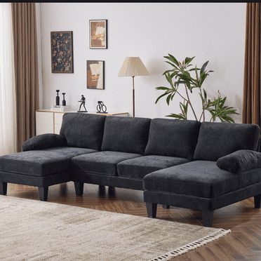 Ktaxon U-Shaped Sectional Sofa, 111"  Chenille Couch, 4 Seat Lounge Sleeper with Double Chaise for Living Room Black