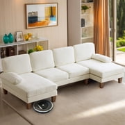 Ktaxon 111" U-Shaped Sectional Sofa, Chenille 4-Seater Couch with Double Chaise, Off White