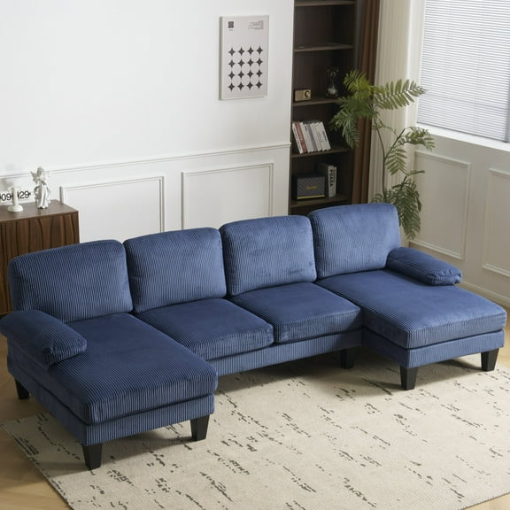 Ktaxon U-Shaped Sectional Sofa, 111"  Corduroy Couch, 4 Seat Lounge Sleeper with Double Chaise for Living Room Blue