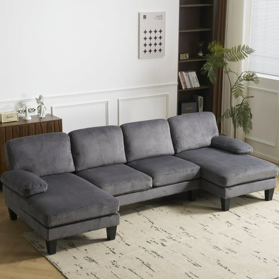 Ktaxon U-Shaped Sectional Sofa, 111"  Corduroy Couch, 4 Seat Lounge Sleeper with Double Chaise for Living Room Gray