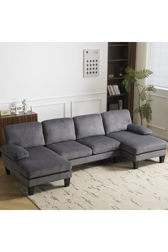 U-Shaped Sectional Sofa, 111" Corduroy Couch, 4 Seat Lounge Sleeper with Double Chaise for Living Room Gray