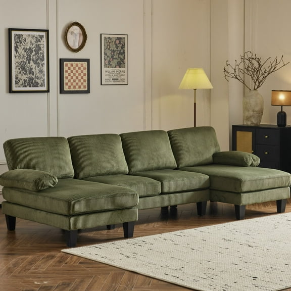 Ktaxon U-Shaped Sectional Sofa, 111" Corduroy Couch, 4 Seat Lounge Sleeper with Double Chaise for Living Room Green