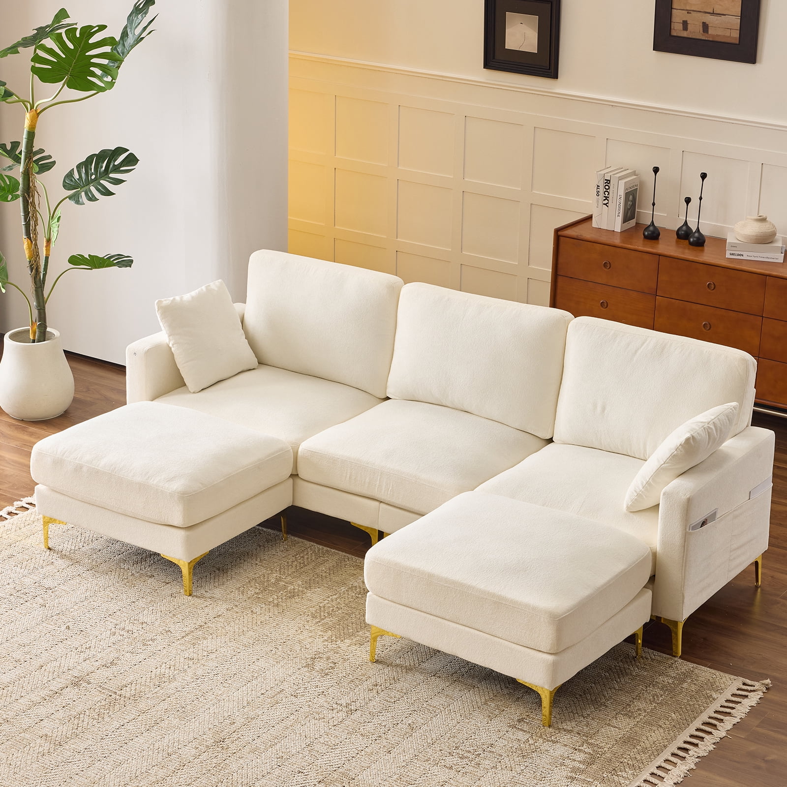 Ktaxon U-Shaped Sofa with 2 Removeable Ottoman Footrests, Flannel Deep Seating Couch for 3, Converts to Sleeper for Bedroom Living Room Furniture Beige