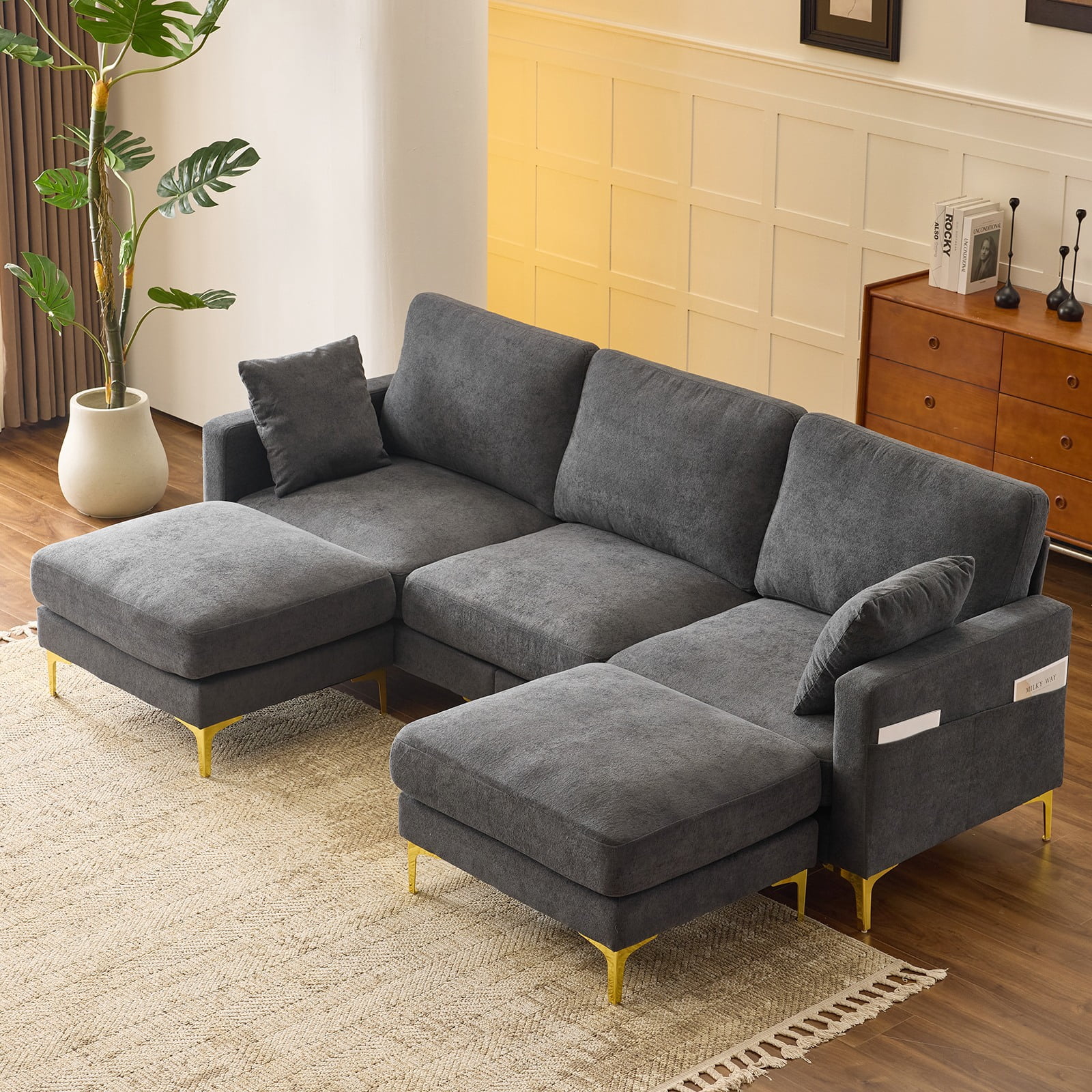 Ktaxon U-Shaped Sofa with 2 Removeable Ottoman Footrests, Flannel Deep Seating Couch for 3, Converts to Sleeper for Bedroom Living Room Furniture Dark Gray
