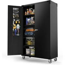 Ktaxon 19.7"D x 43.3"W x 72"H Upgraded Wide & Deep Garage Storage Cabinet, Metal Storage Cabinet with Pegboards, Wheels, Locking Doors and Adjustable Shelves, Black
