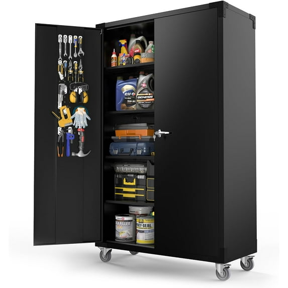 Ktaxon 19.7"D x 43.3"W x 72"H Upgraded Wide & Deep Garage Storage Cabinet, Metal Storage Cabinet with Pegboards, Wheels, Locking Doors and Adjustable Shelves, Black