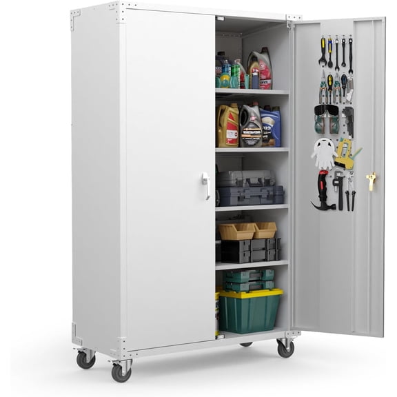 Ktaxon 19.7"D x 43.3"W x 72"H Upgraded Wide & Deep Garage Storage Cabinet, Metal Storage Cabinet with Pegboards, Wheels, Locking Doors and Adjustable Shelves, Gray