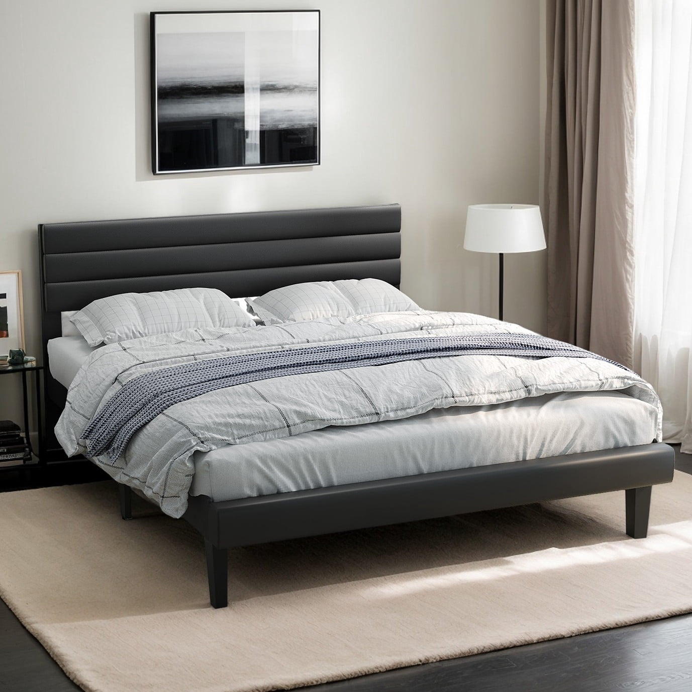 Ktaxon Upholstered Queen Size Bed Frame, Platform Bed  with Headboard, Black