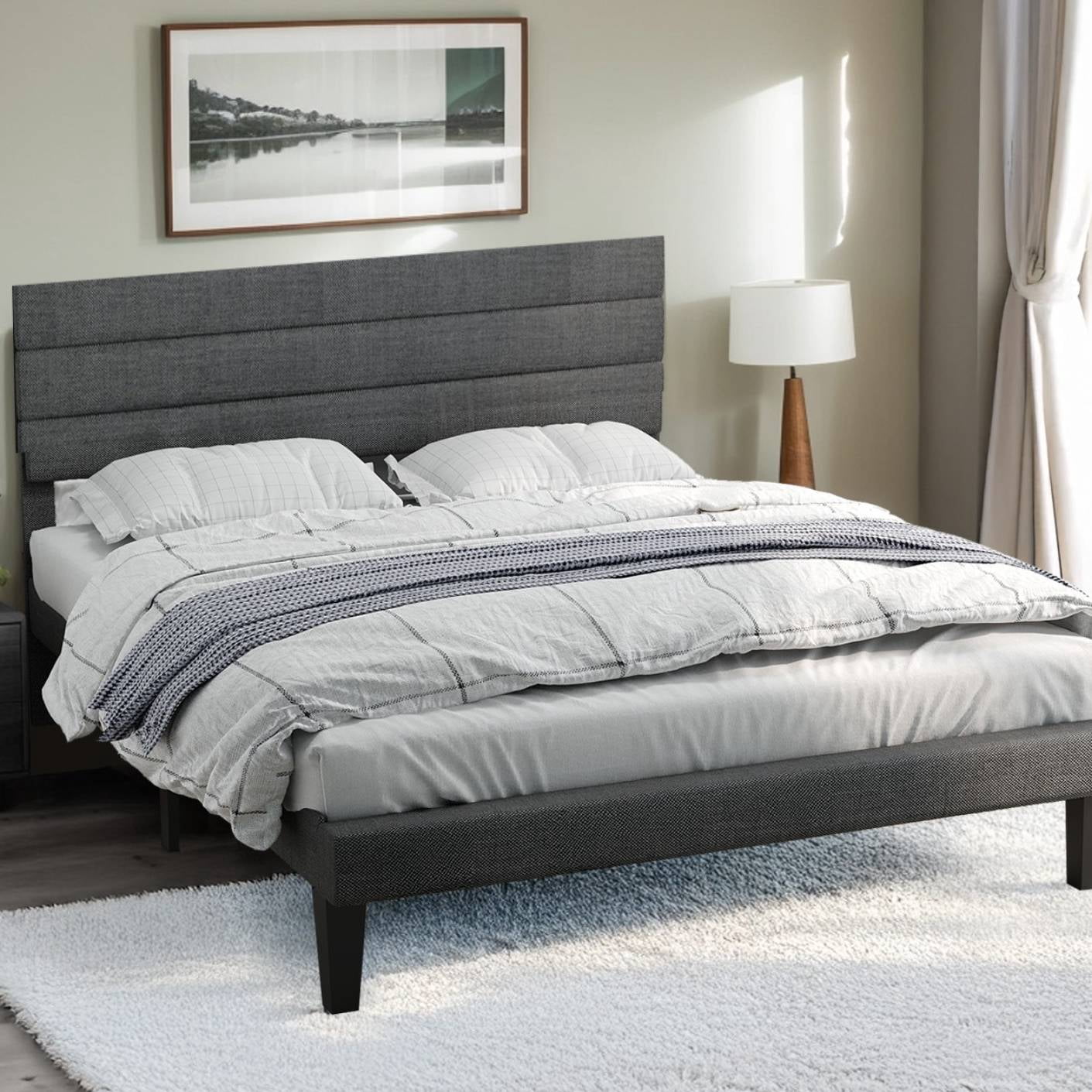 Ktaxon Upholstered Queen Size Bed Frame, Platform Bed  with Headboard, Gray