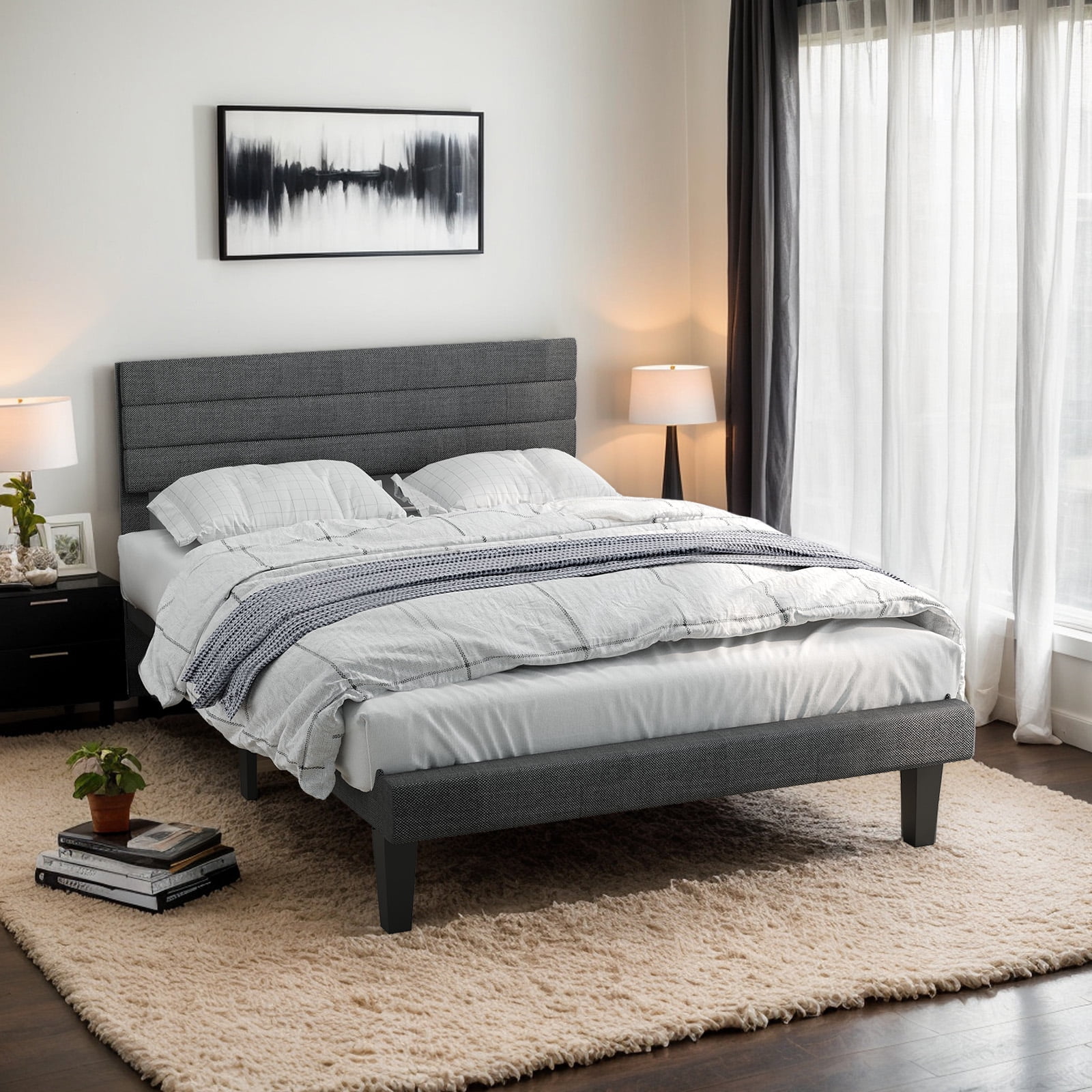 Ktaxon Upholstered Twin Size Bed Frame, Platform Bed  with Headboard, Gray