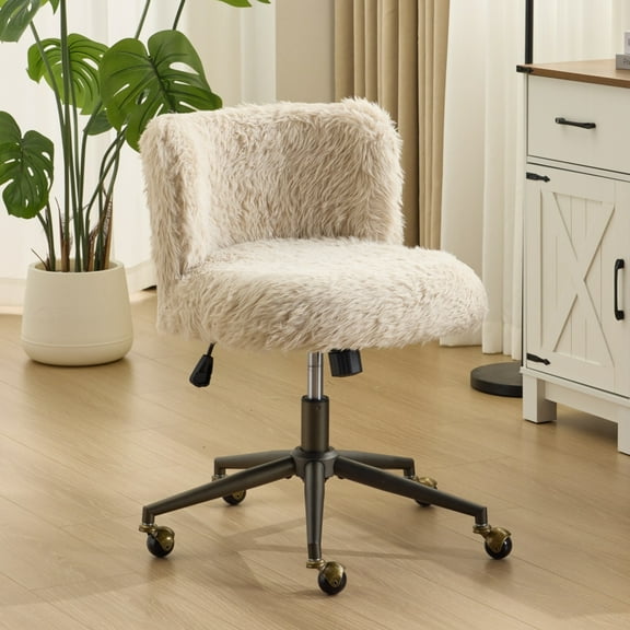 Ktaxon Vanity Chair, Adjustable Desk Chair with Metal Base and Swiveel Casters, Long Pile Fabric Makeup Chair for Women, Ideal for Office,Study and Home Beige