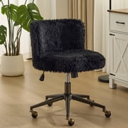Ktaxon Vanity Makeup Chair for Women, Adjustable Desk Chair with Long Pile Fabric, Swivel Casters and Metal Base, Black