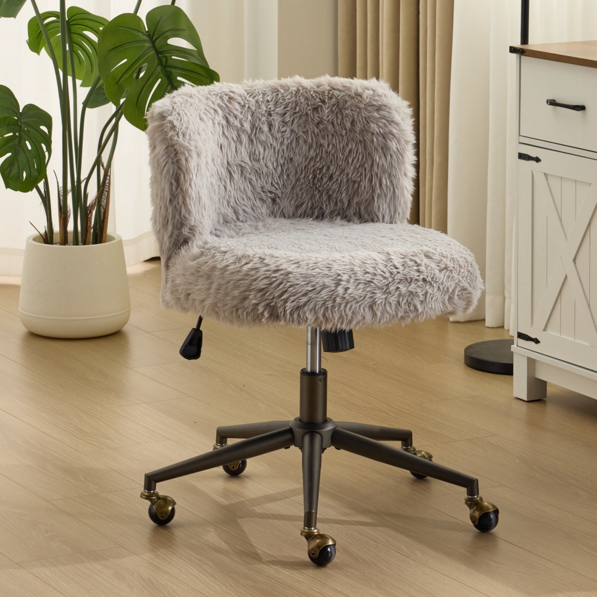 Ktaxon Vanity Chair, Adjustable Desk Chair with Metal Base and Swiveel Casters, Long Pile Fabric Makeup Chair for Women, Ideal for Office,Study and Home Gray