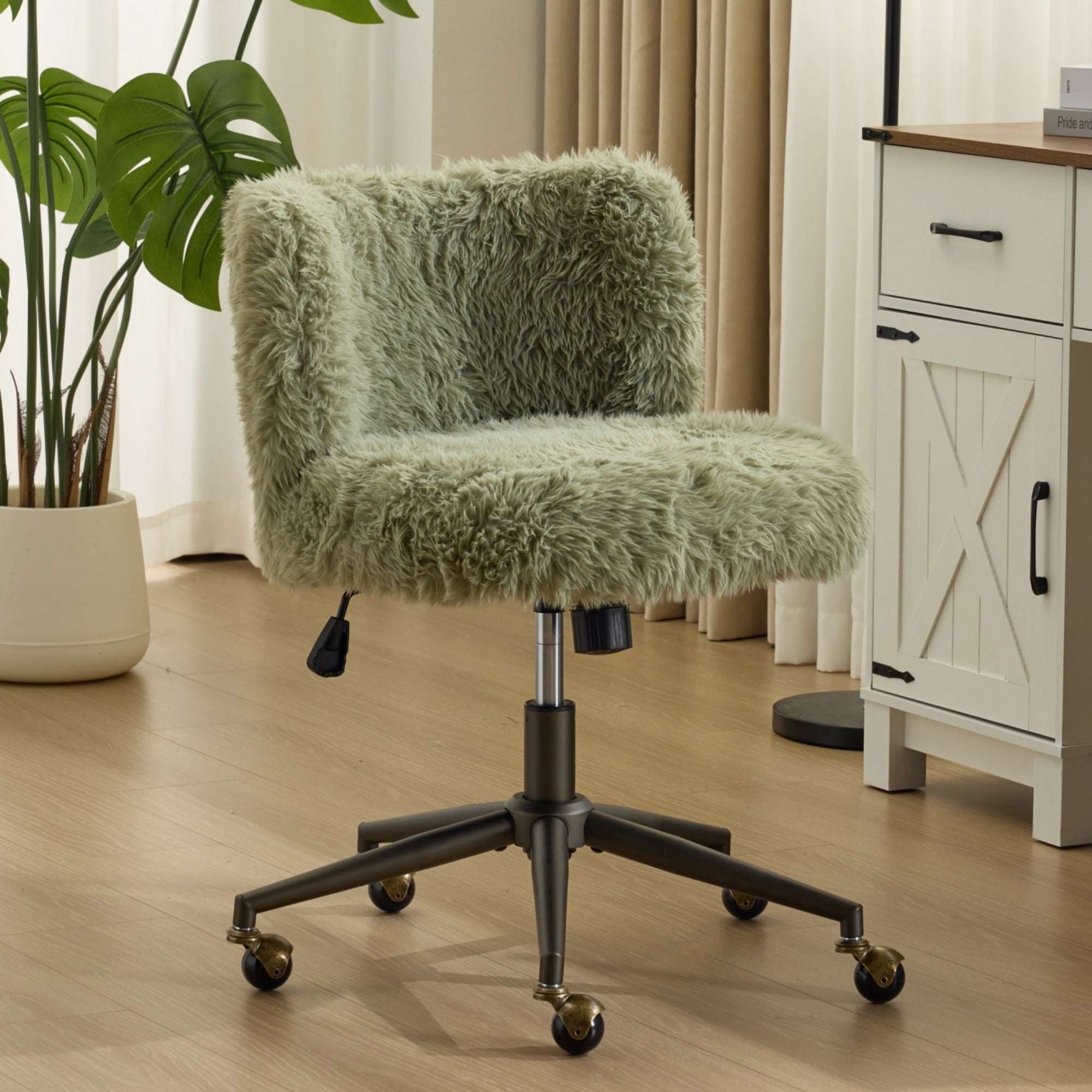 Ktaxon Vanity Chair, Adjustable Desk Chair with Metal Base and Swiveel Casters, Long Pile Fabric Makeup Chair for Women, Ideal for Office,Study and Home Green