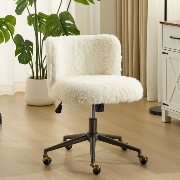 Ktaxon Vanity Chair, Adjustable Desk Chair with Metal Base and Swiveel Casters, Long Pile Fabric Makeup Chair for Women, Ideal for Office,Study and Home White
