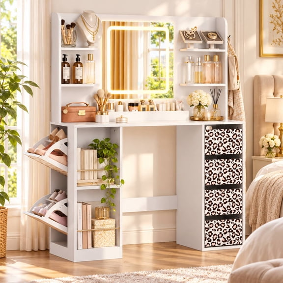 Ktaxon Vanity Desk with Lighted Mirror, Makeup Vanity Table with Charging Station, Shoe Rack, GRWM Desk for Bedroom, White
