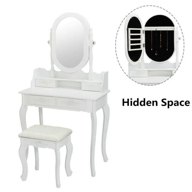 Ktaxon Vanity Jewelry Wooden Makeup Dressing Table Set W/Stool Mirror Cabinet &4 Drawer