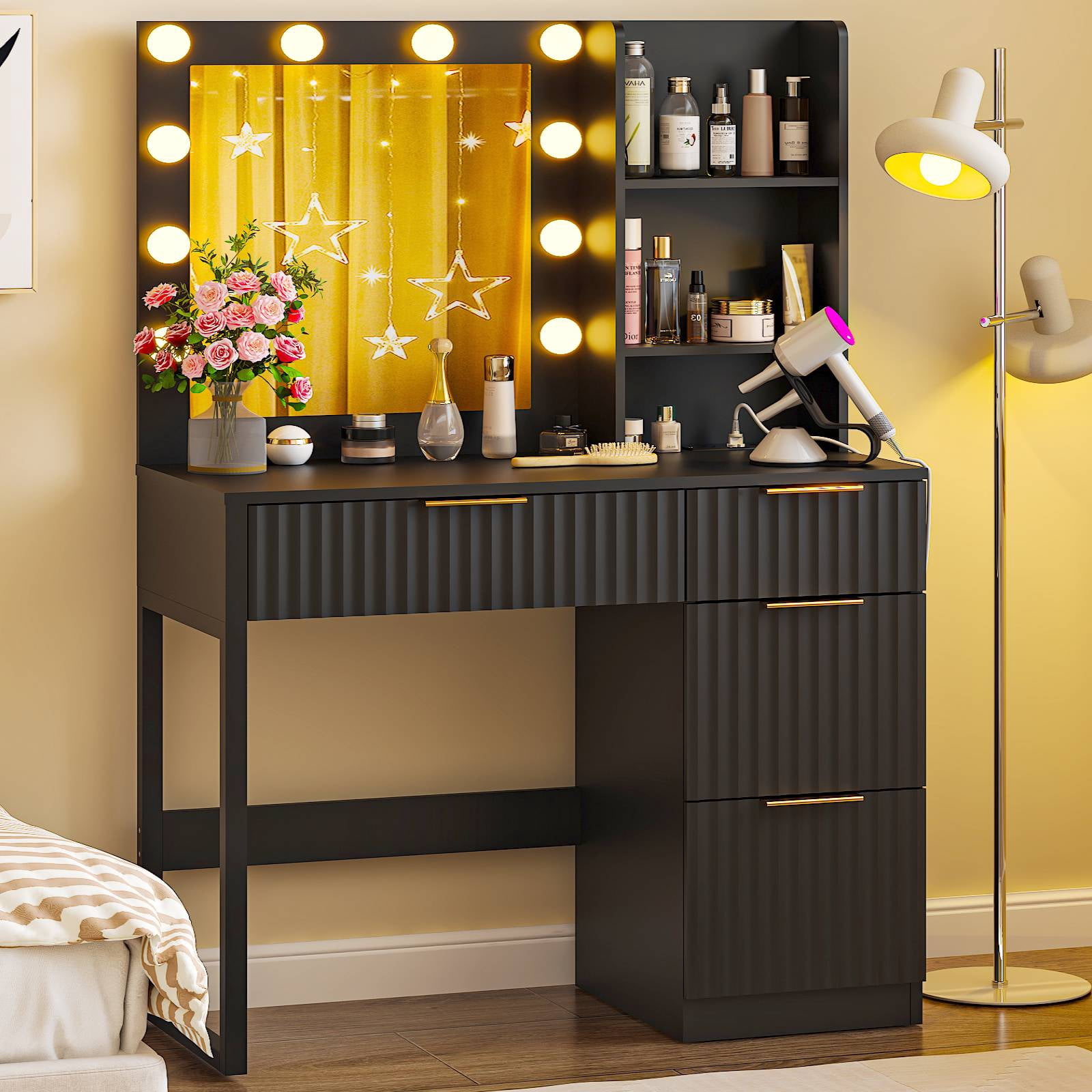 Ktaxon Lighted Makeup Vanity Table, White Dressing Desk with Charging Station, Black