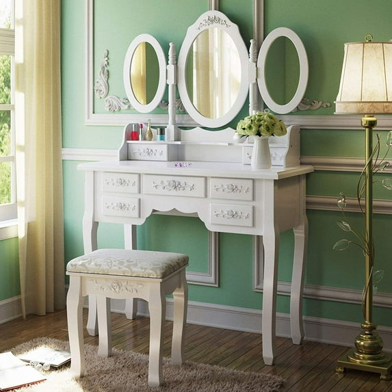 Ktaxon Vanity Make Up Table White Dressing Table Set w/Stool 7 Drawer & 3 Mirrors Fold
