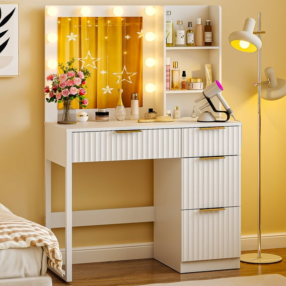Ktaxon Lighted Makeup Vanity Table, White Dressing Desk with Charging Station, White