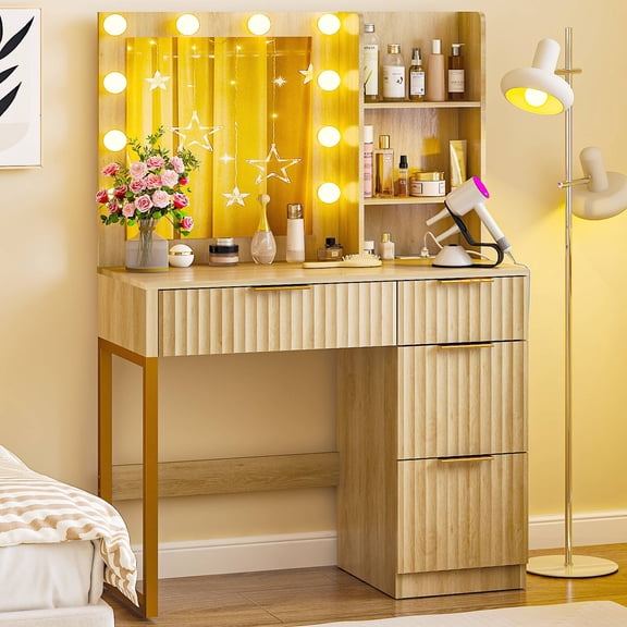 Ktaxon Lighted Makeup Vanity Table, White Dressing Desk with Charging Station, Wood Color